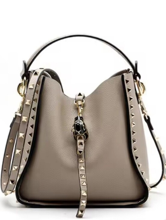 Handbags - Genuine Cowhide Leather Studded  Bucket Bag with Top Handle